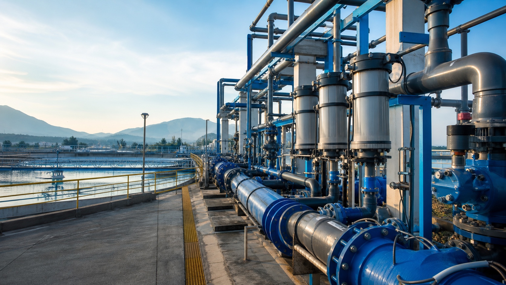 Instalación industrial de tratamiento de agua con tuberías y equipos de filtración
