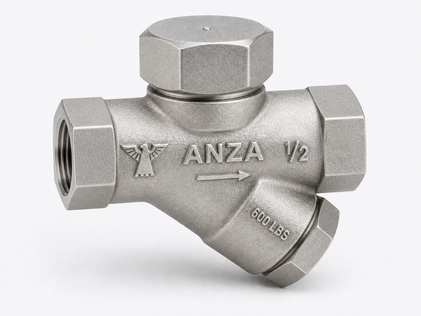 Trampa termodinámica roscada de media pulgada con extremos hexagonales en acero inoxidable marca ANZA